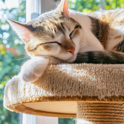 日当たりの良いキャットタワーで寝ている猫