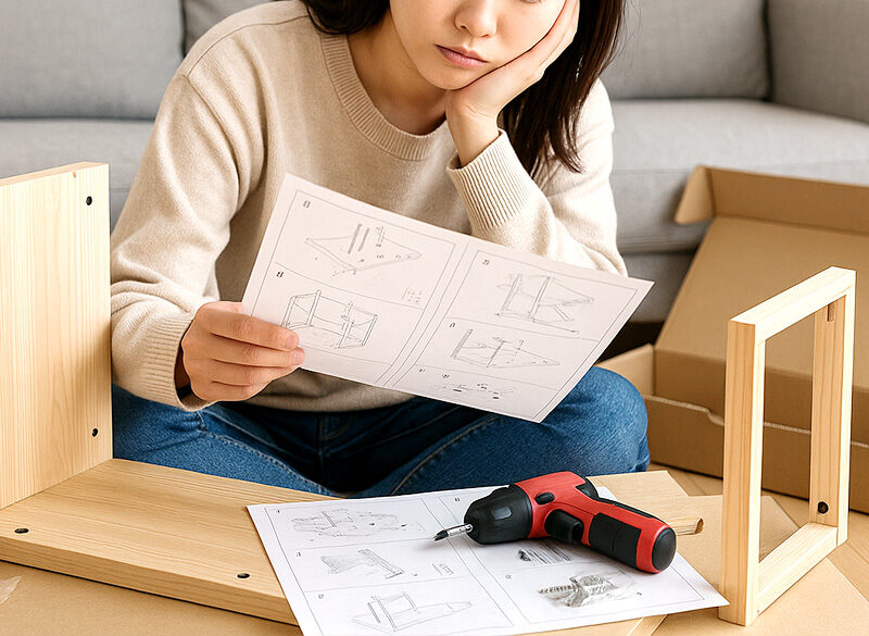 組立に悩む女性