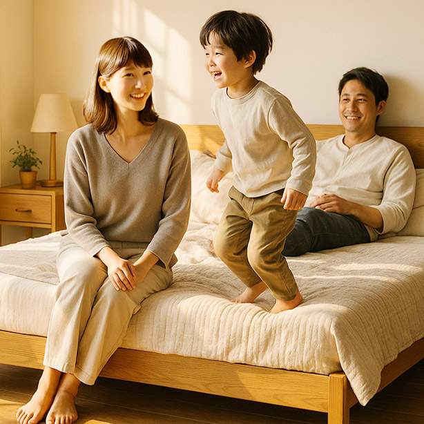 家族とベッドで笑顔になる