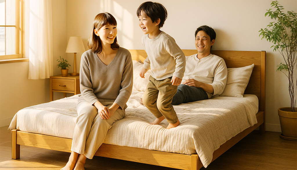 親子でベッドでほほ笑む
