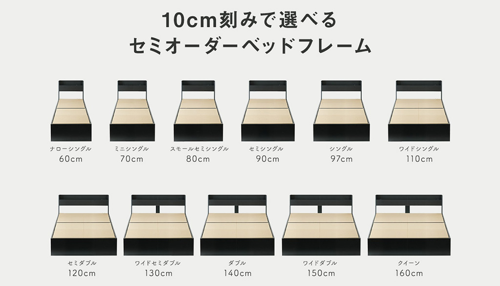 各ベッドフレームサイズが並んだイメージ